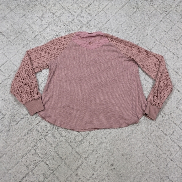 Free People Shirt Women's M Pink Rose Sweetest Thing Thermal Top Lace Sleeves - Picture 9 of 9